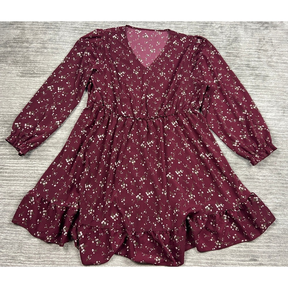 Unbranded Dress Women Medium Burgundy Floral V-Neck Long Sleeve Ruffle Hem